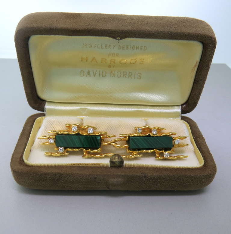 Women's David Morris 1970s Malachite Diamond Gold Cufflinks