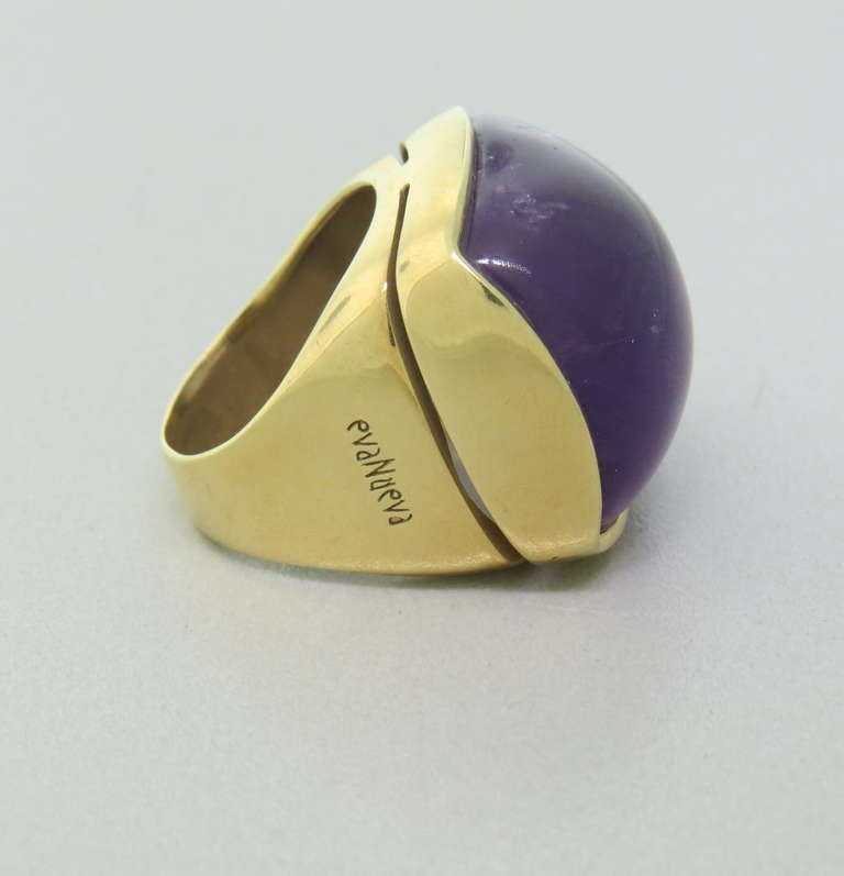 Metal: 18k Yellow Gold
Gemstone: Amethyst - 21.7.. x 23mm
Ring Size: 7, Top Of Ring 26mm x 25mm, Sits 13mm From Finger
Weight: 21.8 grams