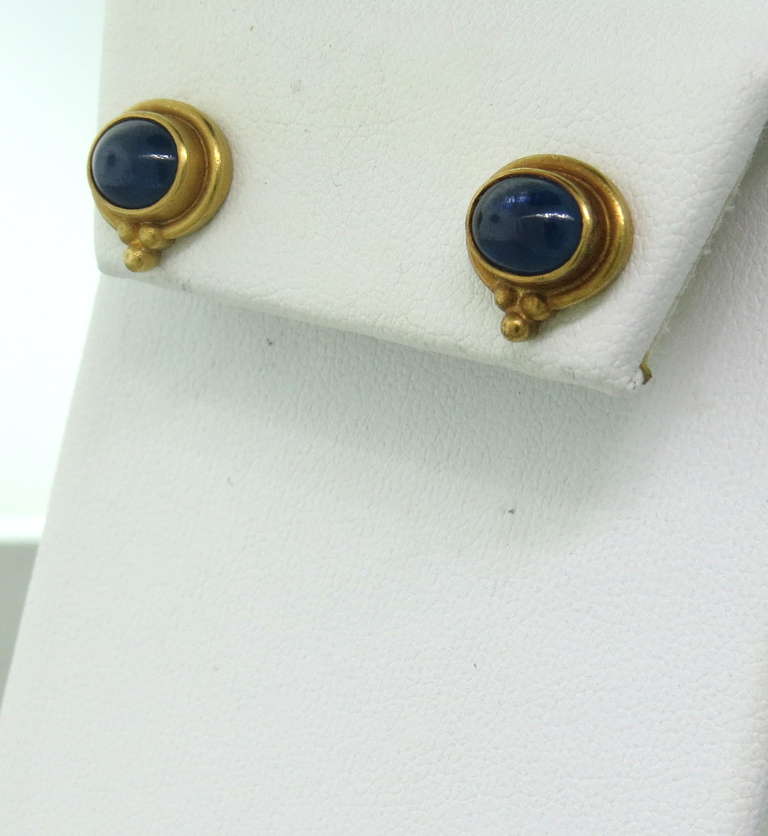 22k yellow gold stud earrings by Reinstein Ross with sapphire cabochons. earrings are 11.4mm x 11.5mm. Backs are 18k gold. weight 5.9g