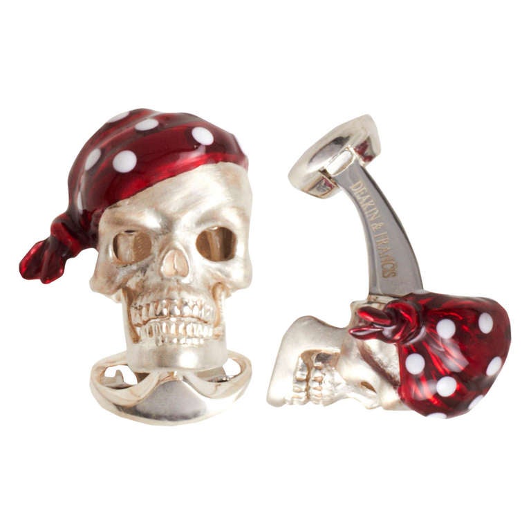 Deakin & Francis Sterling Silver Red Bandana Skull Ruby Cufflinks For Sale