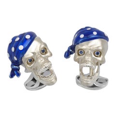 Deakin & Francis Sterling Silver Blue Bandana Sapphire Skull Cufflinks