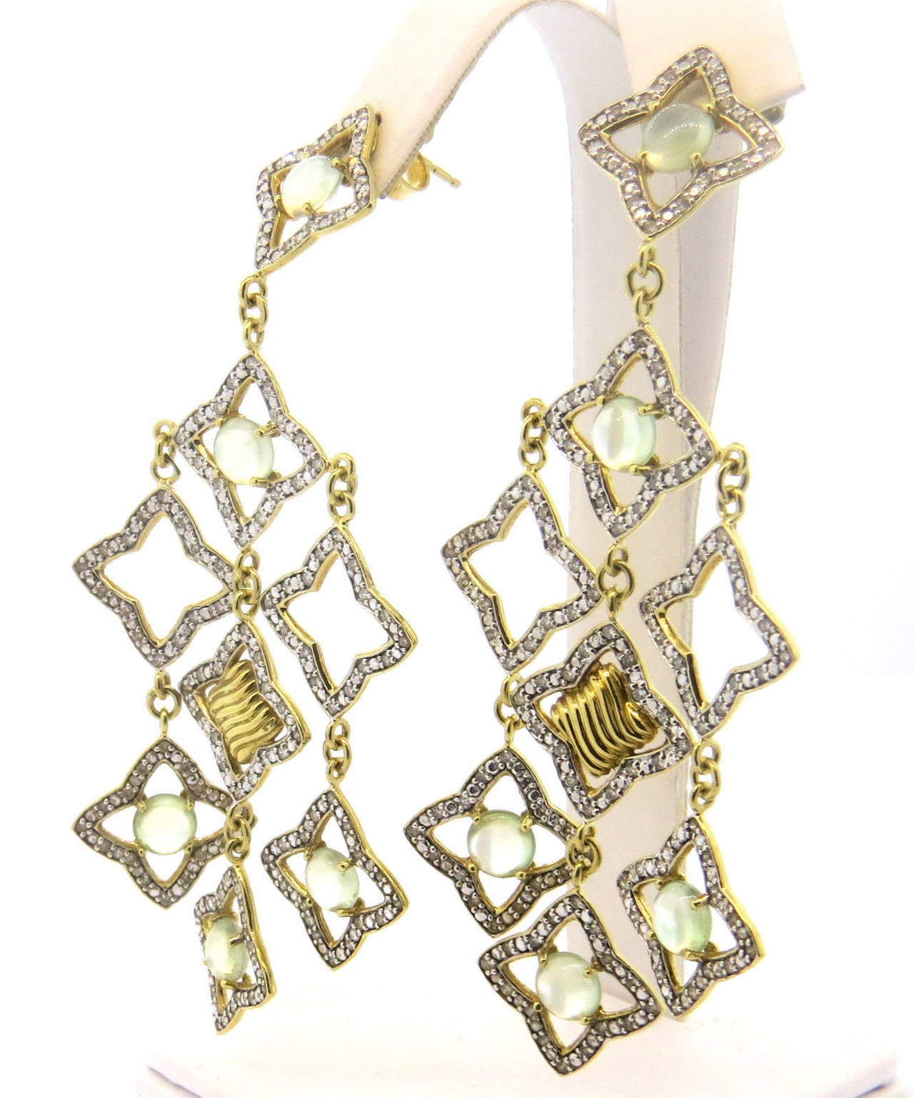 Large 18k gold chandelier earrings, designed by David Yurman for famous Quatrefoil collection, featuring 2.50ctw in diamonds and prasiolite cabochons. Earrings measure 88mm x 40mm - one earrings back is silver, one is gold. Marked D.Y.,750 (backs