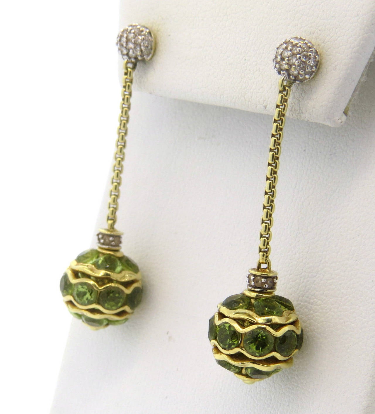 David Yurman Peridot Ball Diamond Gold Earrings In Excellent Condition In Lambertville, NJ