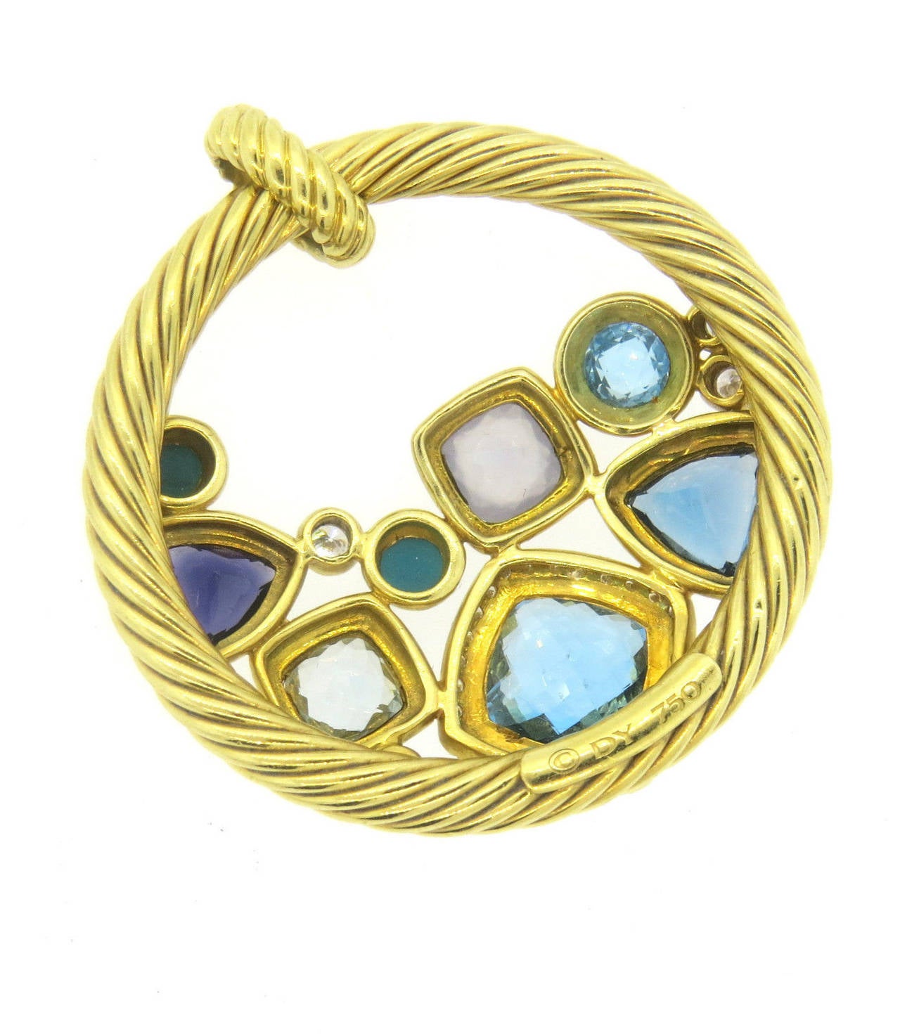 18k yellow gold large circle pendant, crafted by David Yurman for colorful Mosaic collection, featuring approximately 0.60ctw in diamonds and multicolor gemstones. Pendant measures  46mm in diameter. Marked D.Y. and 750. weight of the piece - 27.4