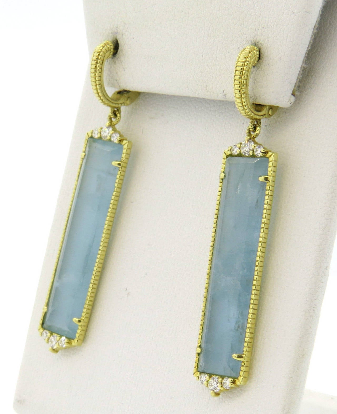 Judith Ripka Blue Gemstone Diamond Gold Drop Earrings In Excellent Condition In Lambertville, NJ