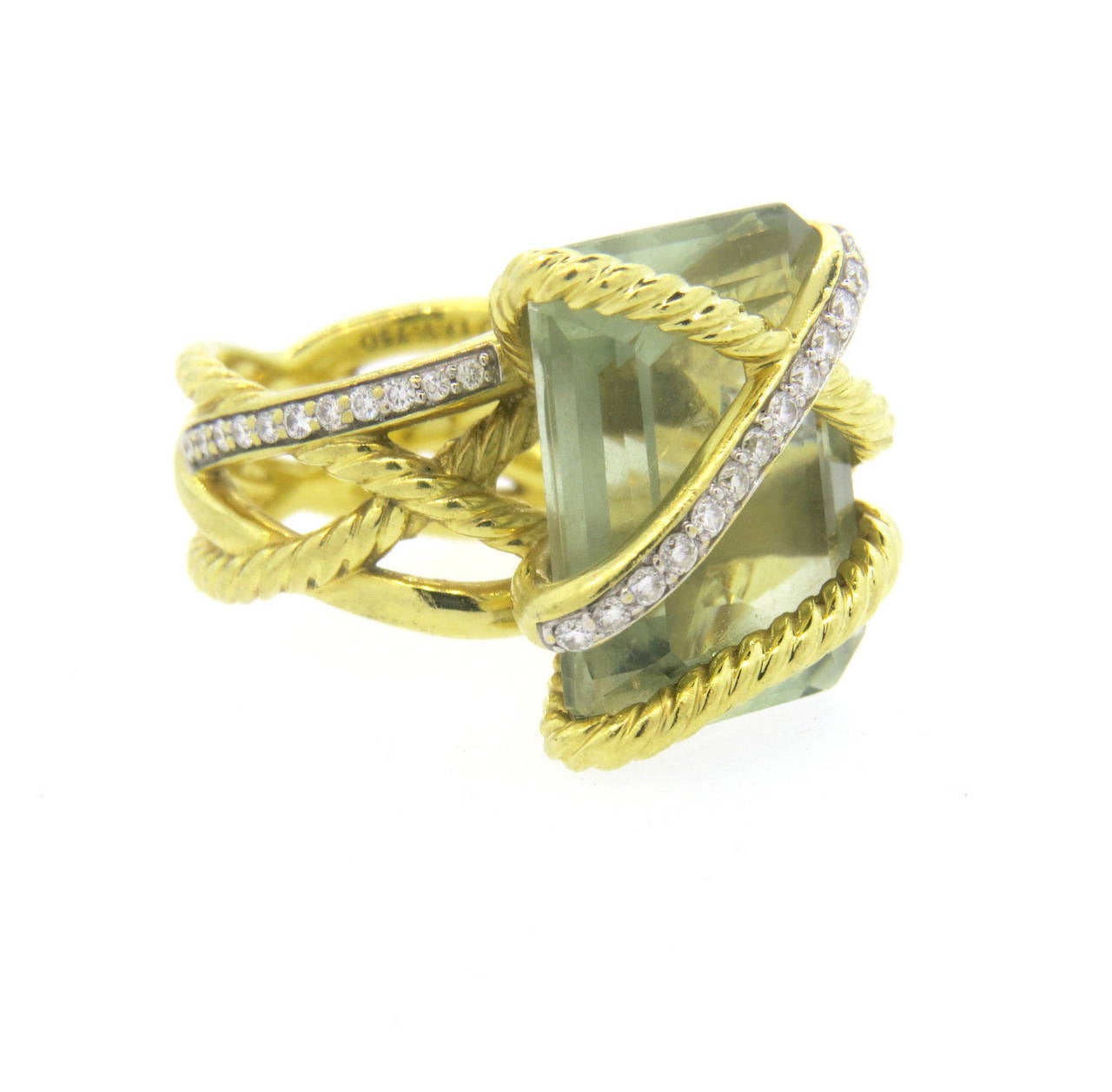 18k yellow gold ring, crafted by David Yurman for Cable Wrap collection, featuring 20mm x 15mm prasiolite stone, surrounded with 0.44ctw in diamonds. Ring is a size 7, marked 750 and D.Y., Weight of the piece - 22.5 grams