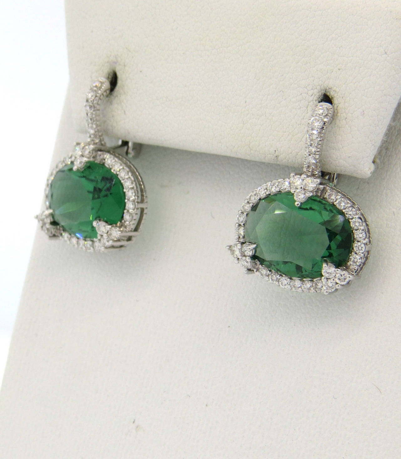 Judith Ripka Green Quartz Diamond Gold Earrings In Excellent Condition In Lambertville, NJ