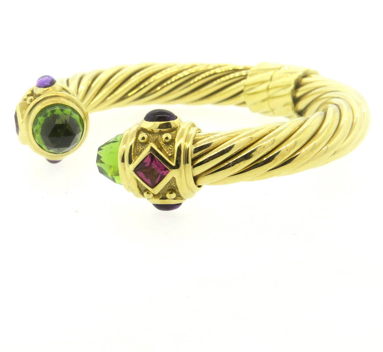 18k gold 10mm cable cuff bracelet, designed by David Yurman for Renaissance collection, featuring peridot, amethyst and tourmaline gemstones. Bracelet will comfortably fit up to 7