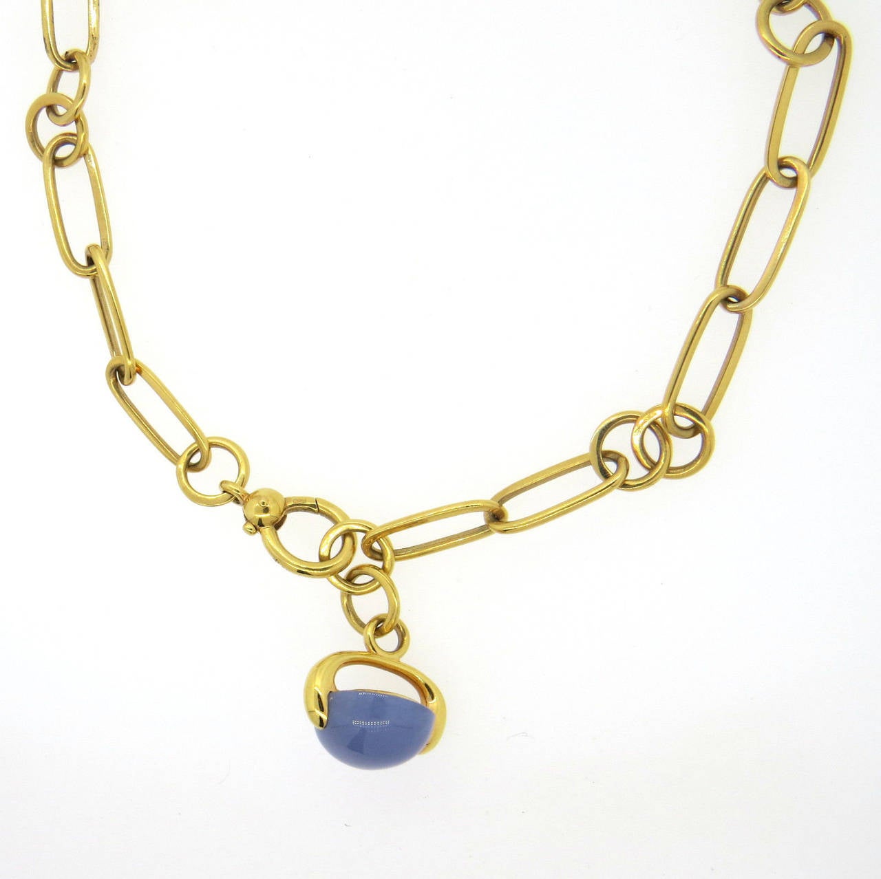 18k gold link necklace by Pomellato, crafted for Luna collection, featuring chalcedony cabochon pendant. Necklace is 18