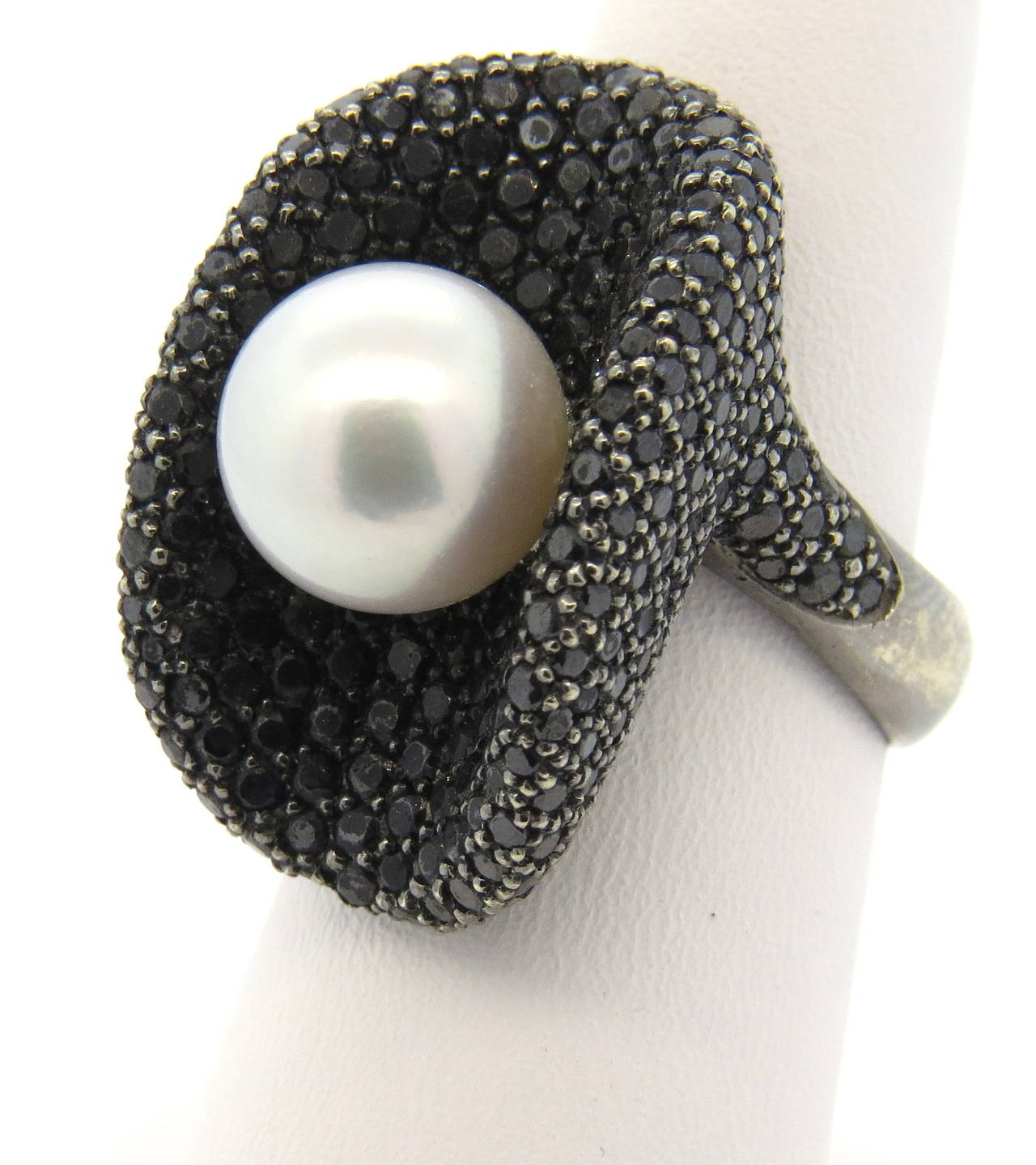South Sea Pearl Black Diamond Gold Cocktail Ring In Excellent Condition In Lambertville, NJ