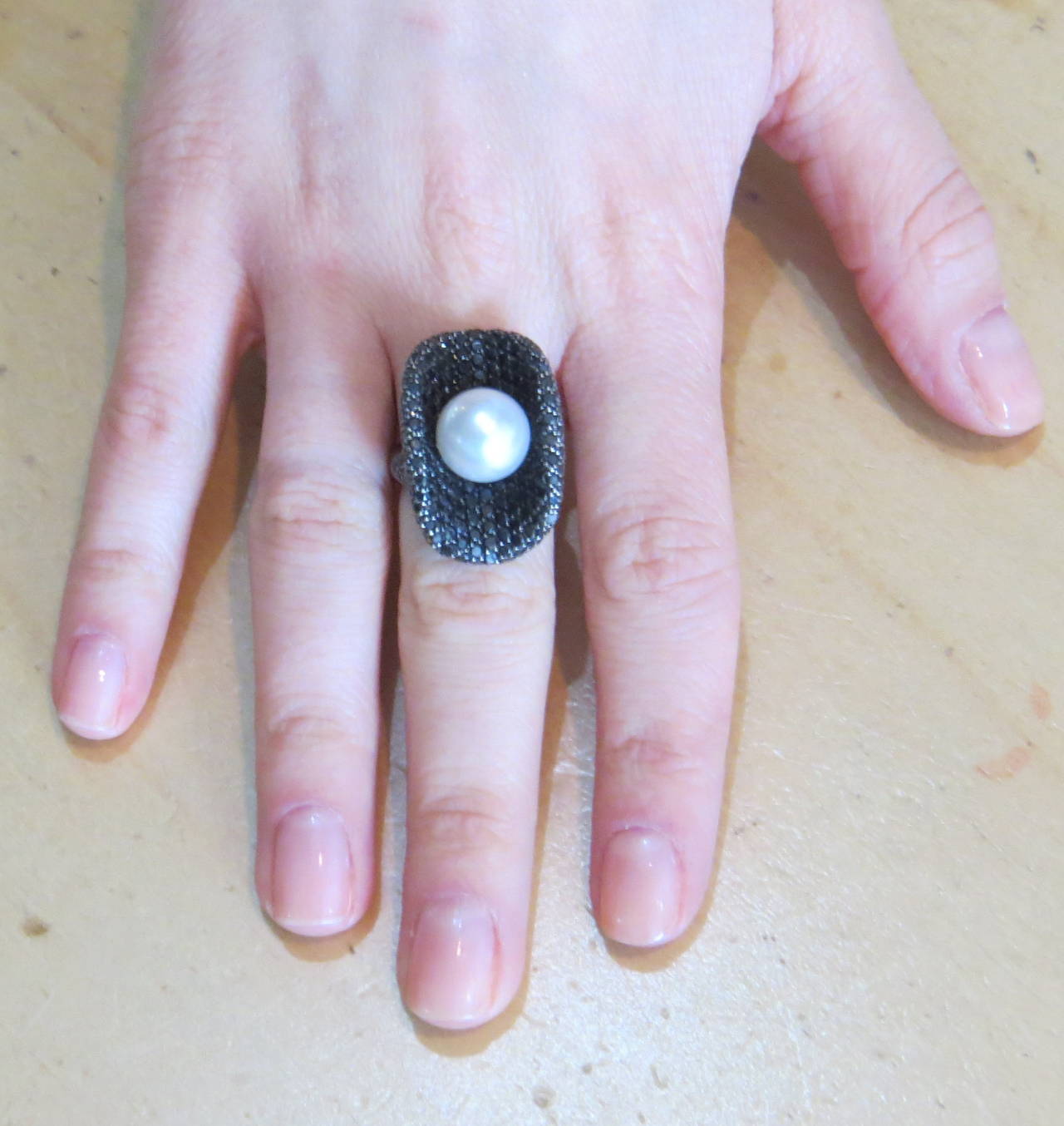 Women's South Sea Pearl Black Diamond Gold Cocktail Ring