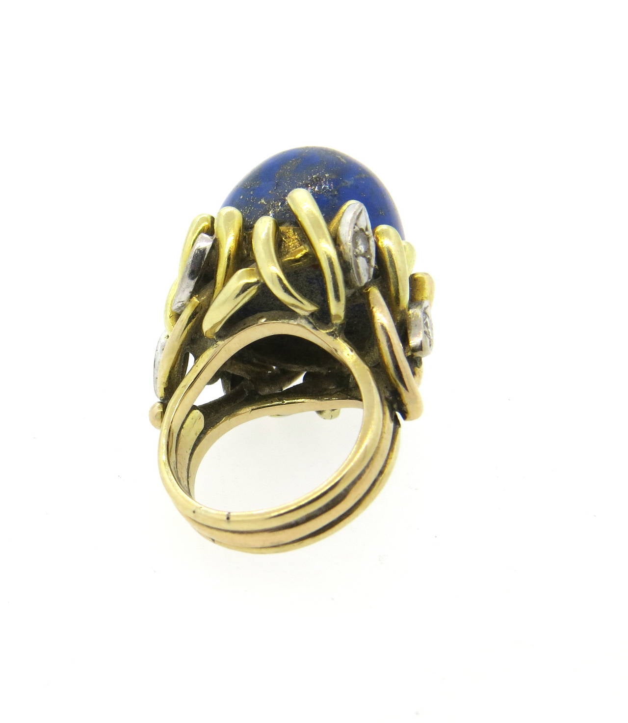 1960s Lapis Diamond Gold Cocktail Ring In Excellent Condition In Lambertville, NJ