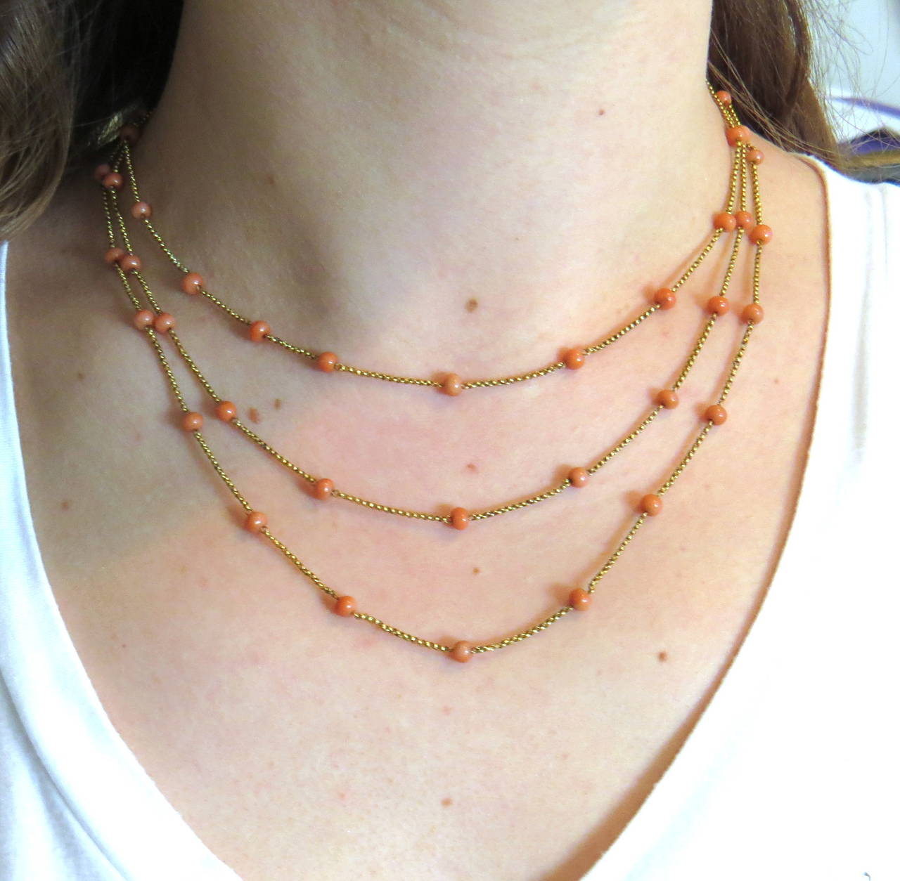 Antique Victorian Coral Bead Gold Multi Strand Necklace In Excellent Condition In Lambertville, NJ