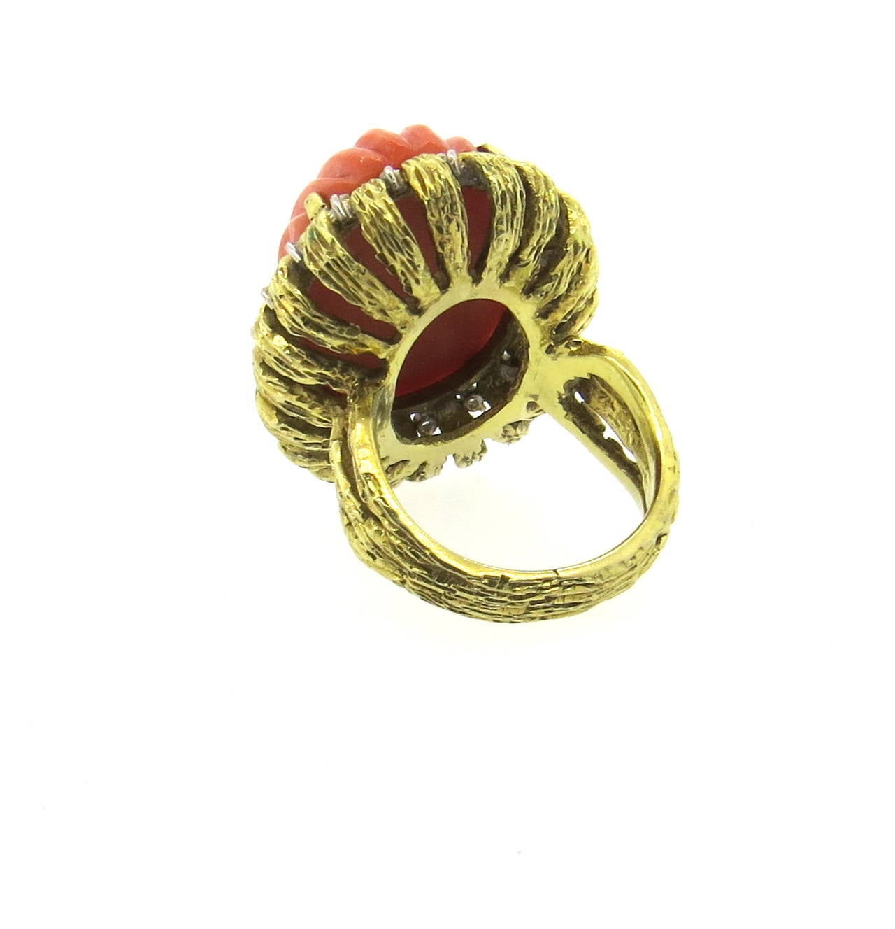 1960s Large Carved Coral Diamond Gold Ring In Excellent Condition In Lambertville, NJ