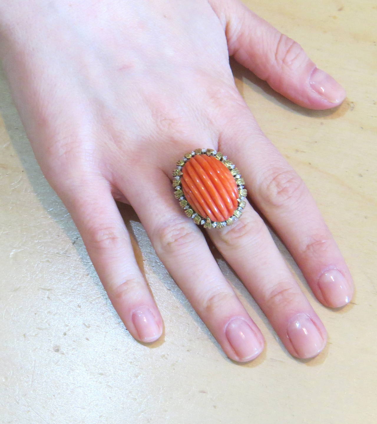 Women's 1960s Large Carved Coral Diamond Gold Ring
