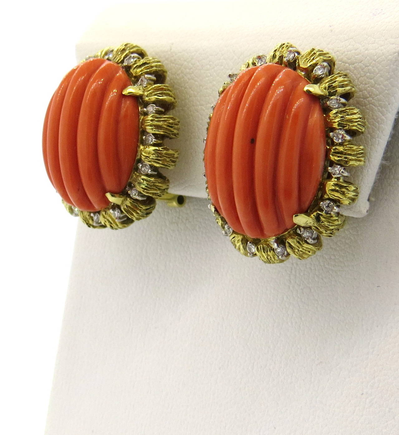 1960s Carved Coral Diamond Gold Earrings In Excellent Condition In Lambertville, NJ