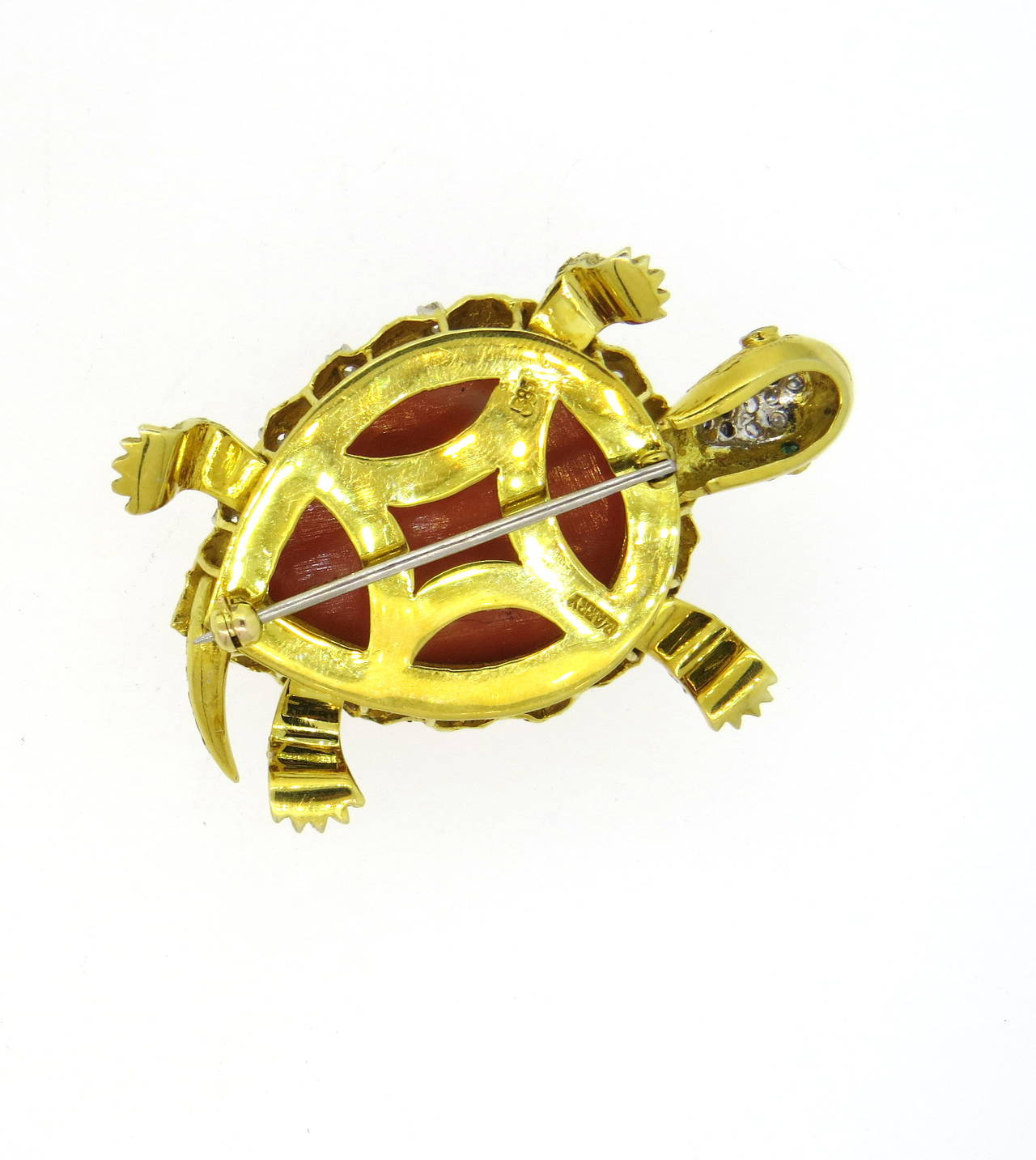 Exquisite Carved Coral Emerald Diamond Gold Turtle Brooch Pin In Excellent Condition In Lambertville, NJ