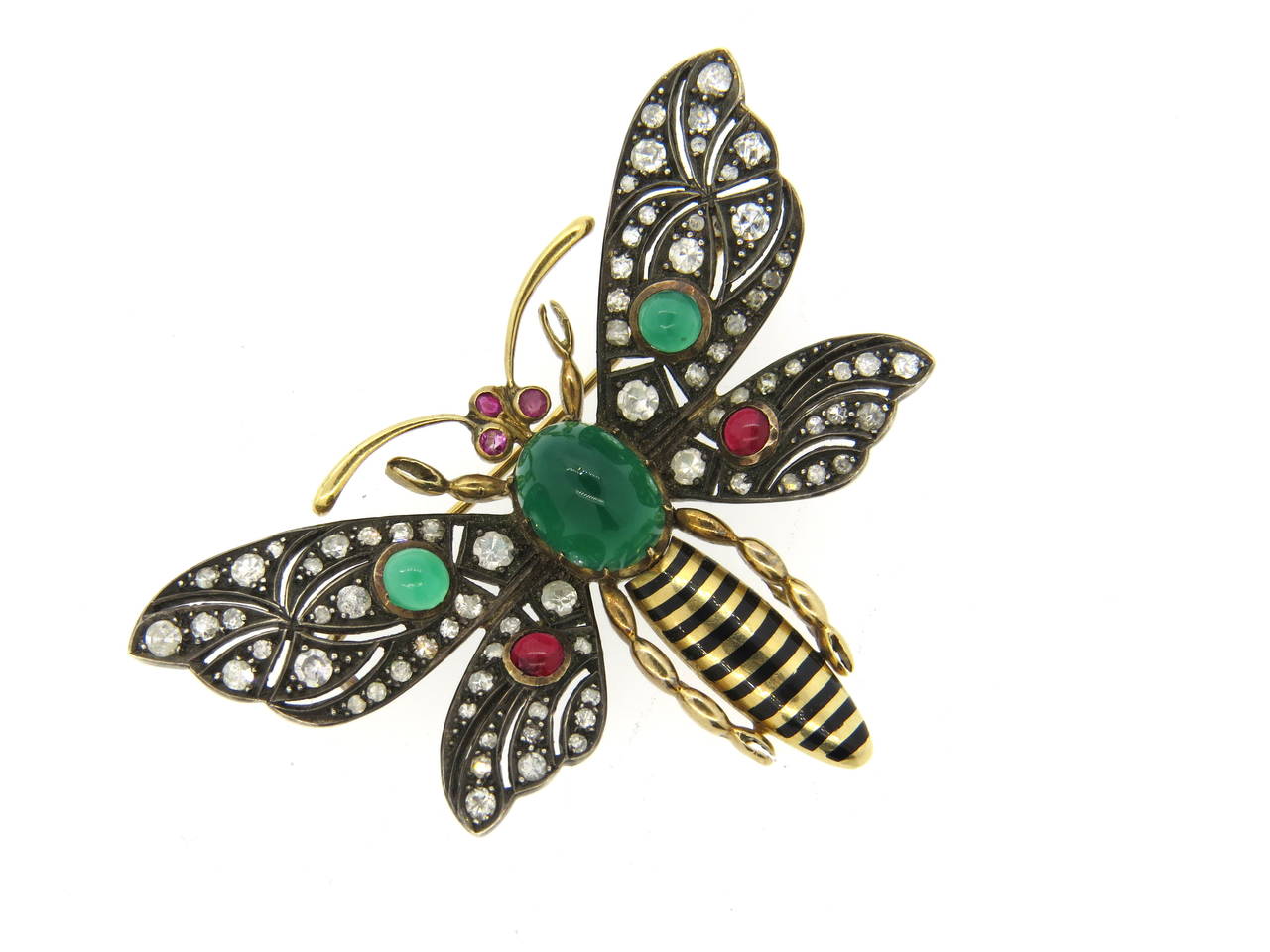 Chrysoprase Tourmaline Diamond Silver Gold Butterfly Brooch In Excellent Condition In Lambertville, NJ