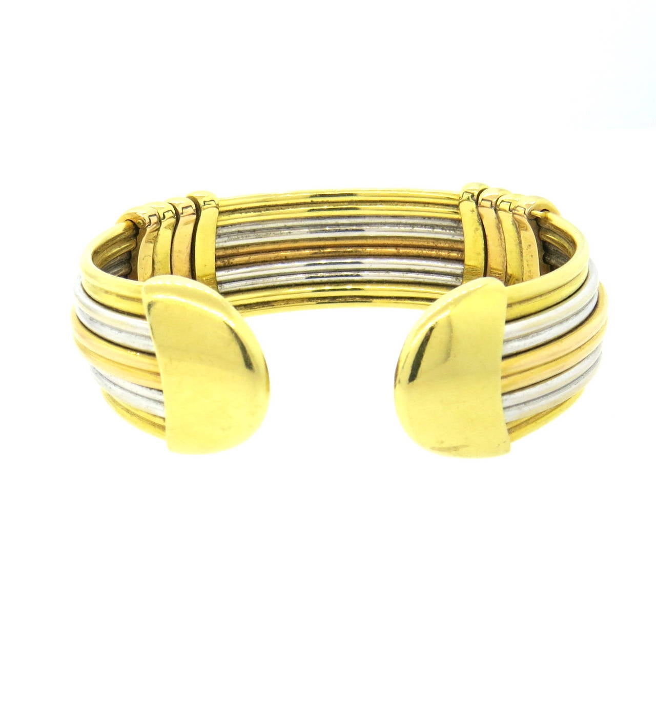 1970s Luis Gill Tri Color Gold Wide Cuff Bracelet In Excellent Condition In Lambertville, NJ