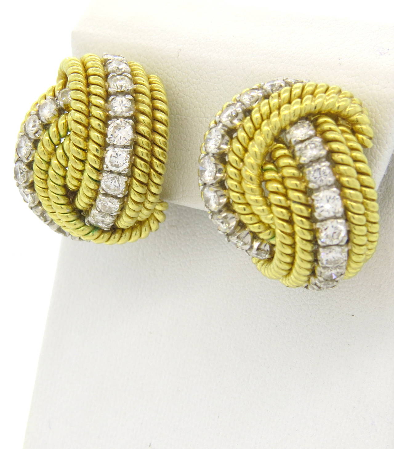 Impressive 1980s Diamond Gold Wire Earrings In Excellent Condition In Lambertville, NJ