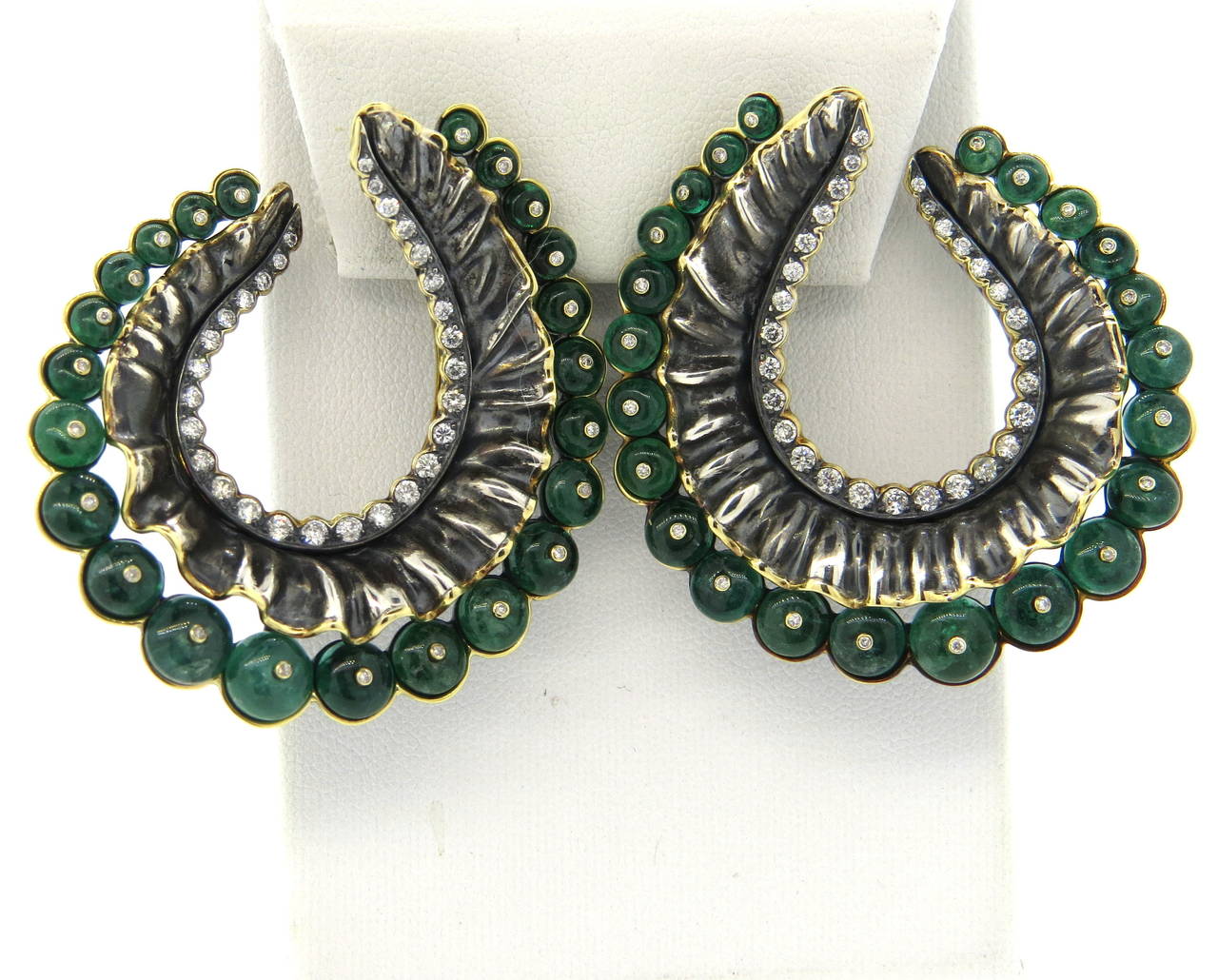 Impressive Marilyn Cooperman Large Emerald Diamond Silver Gold Swirl Earrings For Sale 1