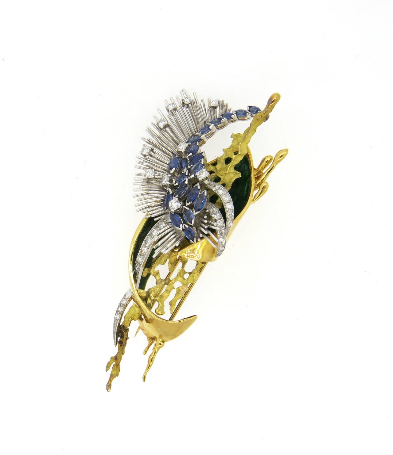 Women's Impressive Modernist Gold Sapphire and Diamond Enamel Brooch Pin
