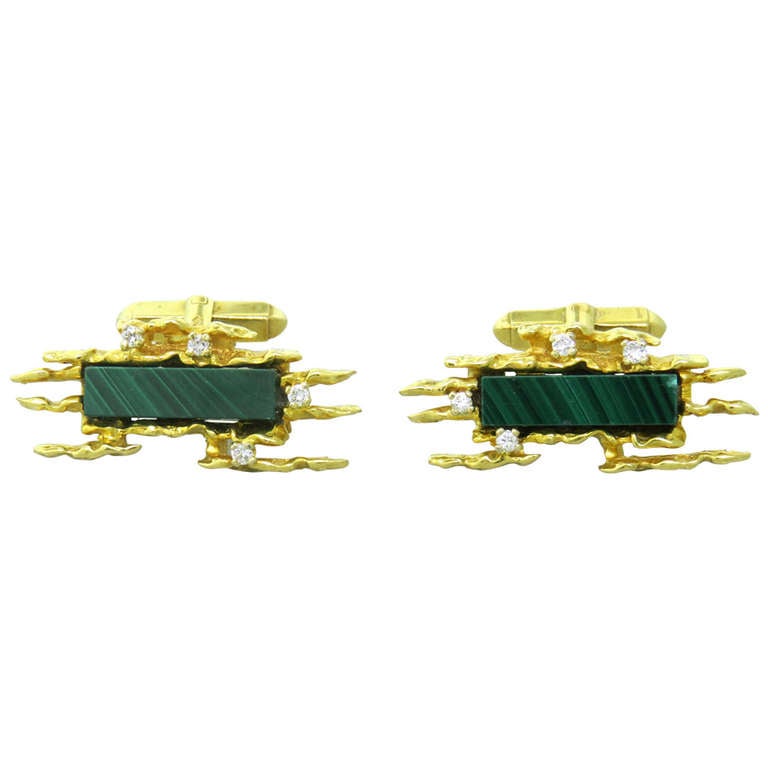 David Morris 1970s Malachite Diamond Gold Cufflinks