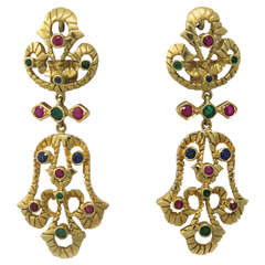 Vintage Vourakis Greece Gold Sapphire Ruby Emerald Drop Earrings