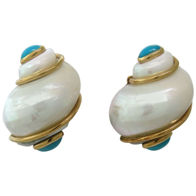 Seaman Schepps Gold Turquoise Turbo Shell Earrings