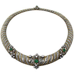Fine Diamond Emerald Cabochon Silver Gold Necklace 8