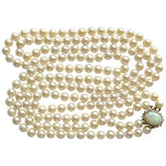 Opal Diamond Gold and Pearl Double Strand Long Necklace