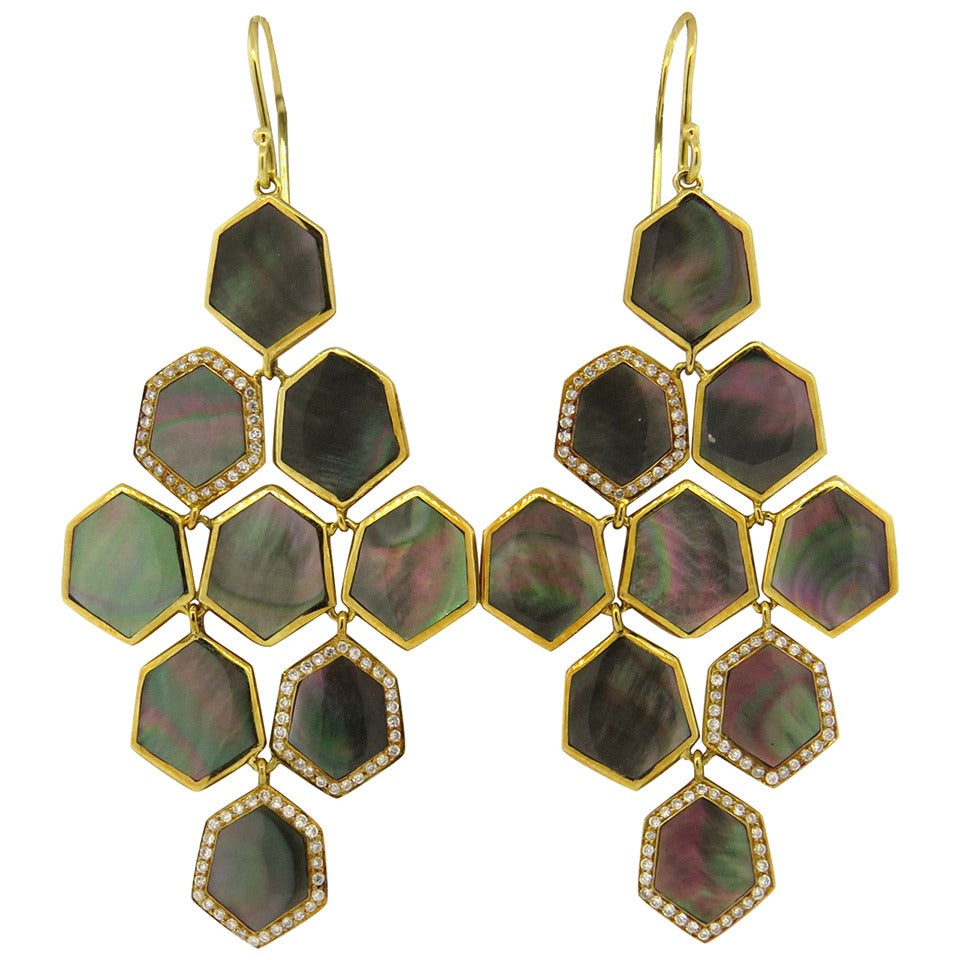 Ippolita Gold Diamond Black Mother of Pearl Long Drop Earrings