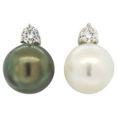 Vintage South Sea Tahitian Pearl Diamond Gold Earrings