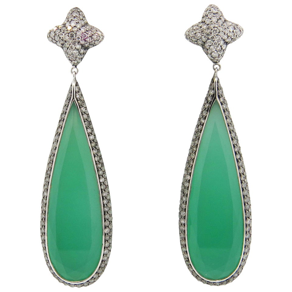 Imressive David Yurman Chrysoprase Diamond Gold Quatrefoil Drop Earrings