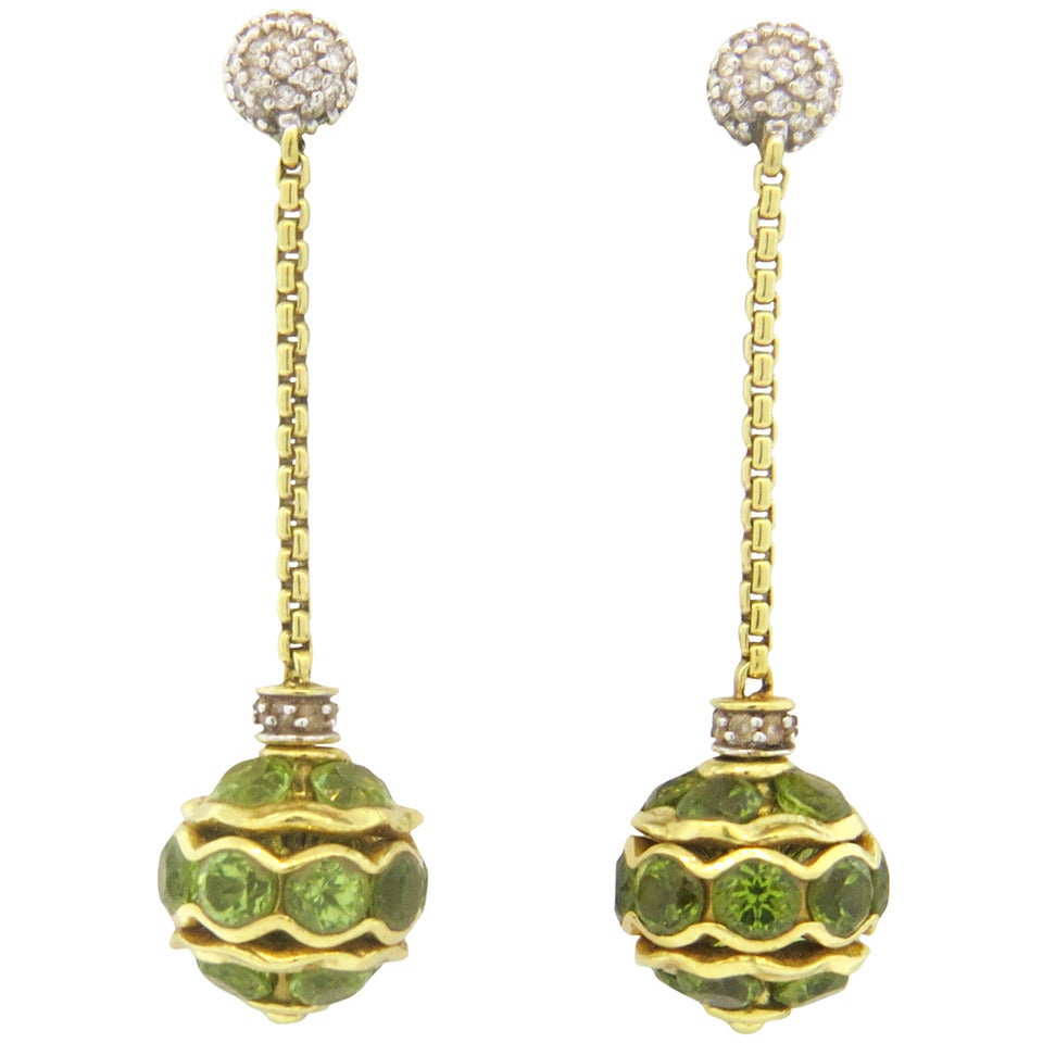 David Yurman Peridot Ball Diamond Gold Earrings