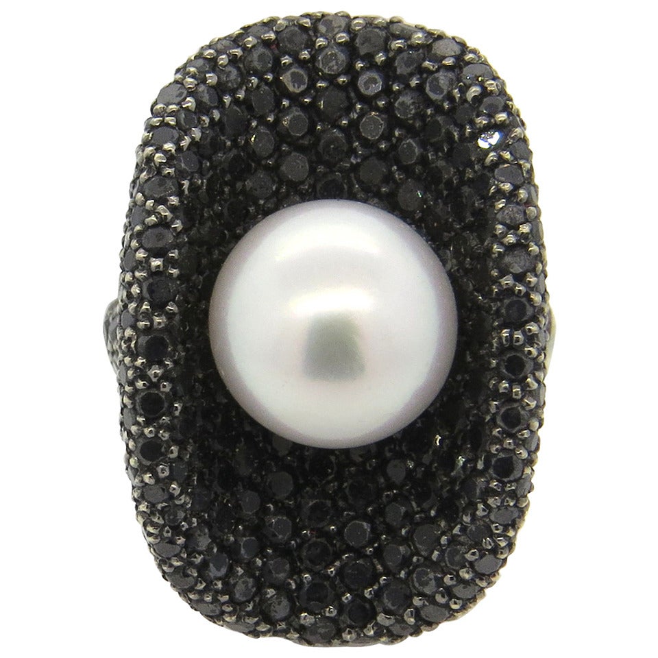 South Sea Pearl Black Diamond Gold Cocktail Ring