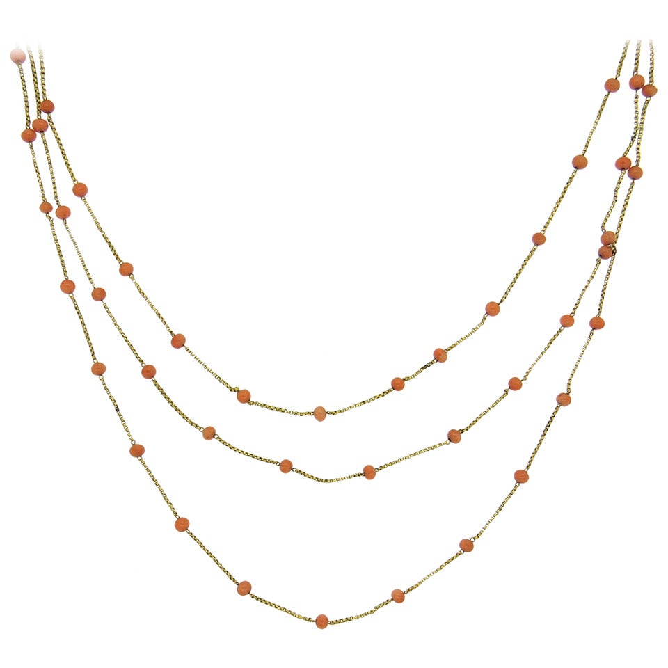 Antique Victorian Coral Bead Gold Multi Strand Necklace
