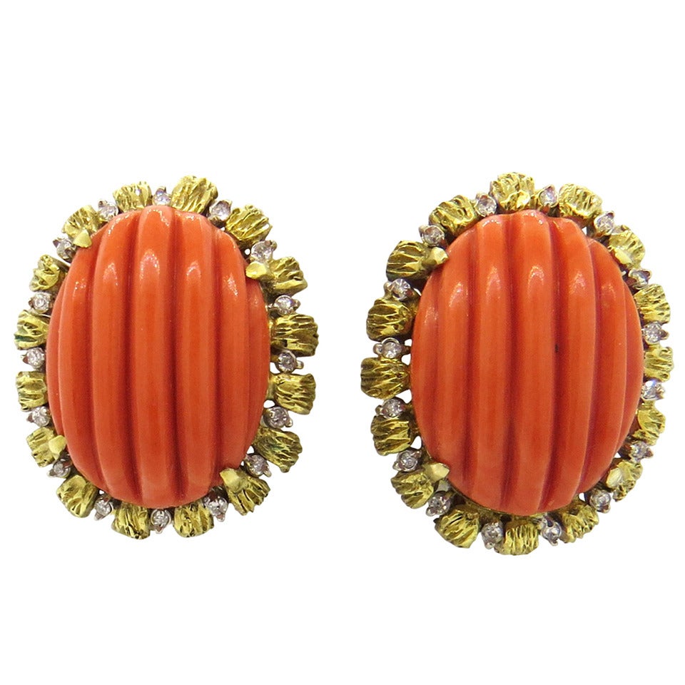 1960s Carved Coral Diamond Gold Earrings