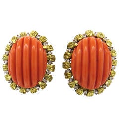 1960s Carved Coral Diamond Gold Earrings