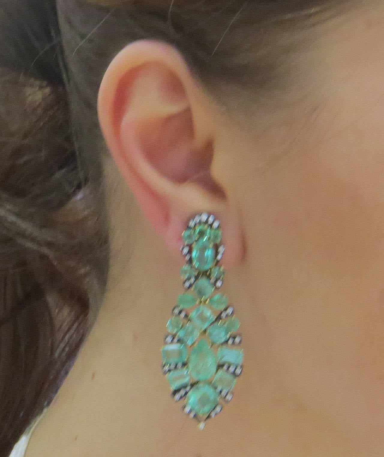 Marilyn Cooperman Impressive Emerald Diamond Silver Gold Earrings In Excellent Condition In Lambertville, NJ
