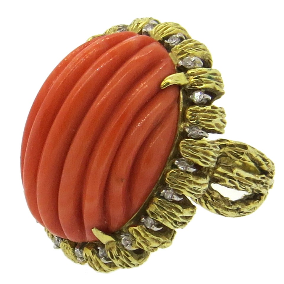 1960s Large Carved Coral Diamond Gold Ring