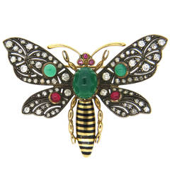Chrysoprase Tourmaline Diamond Silver Gold Butterfly Brooch
