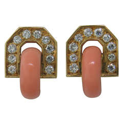1980s Gubelin Coral Diamond Gold Earrings