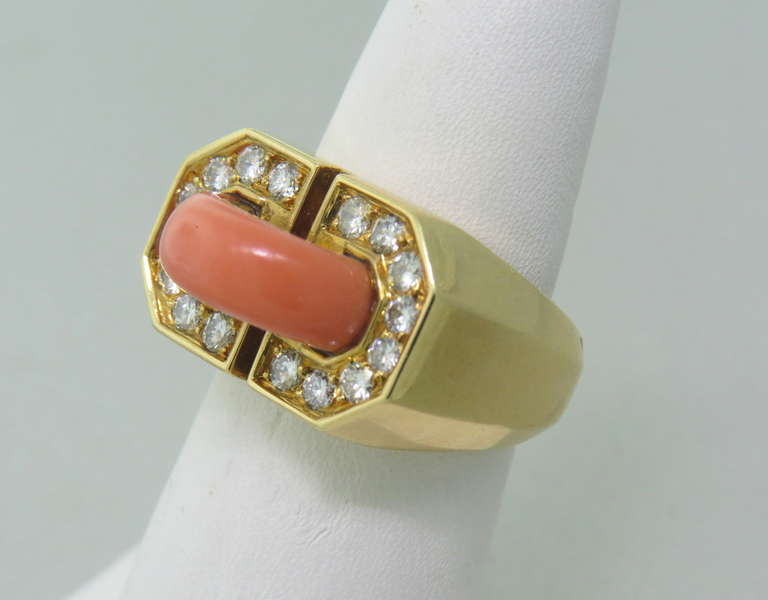 Vintage 1980s 18k gold ring by Gubelin, featuring coral and approx. 0.40ctw VS/G diamonds. Ring size 6, ring top is 13mm x 20mm. weight - 15.7g
