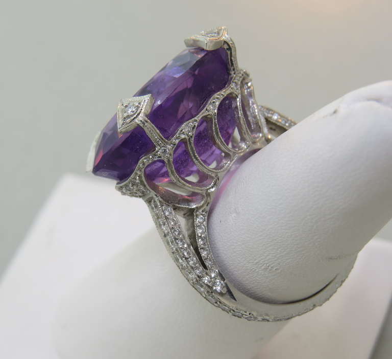 Cathy Waterman platinum ring with diamonds and 15.8mm x 21.1mm x 10.8mm amethyst. Ring size 6, ring top is 17mm x 21mm,sits approx. 12mm from the finger. Marked with makers mark and pt900. weight - 14.2g