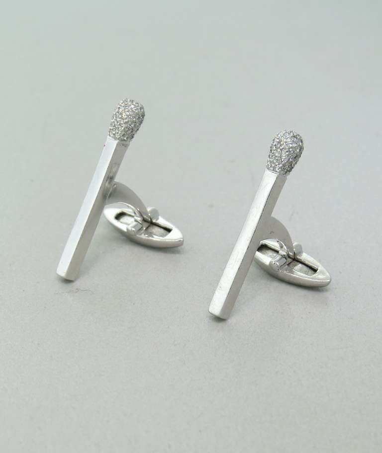 14k White Gold Diamond Cufflinks in the form of matches.  The cufflinks measure 27mm x 4mm.  Diamonds are approx. 0.25ctw.  Weight is 7.0 grams.