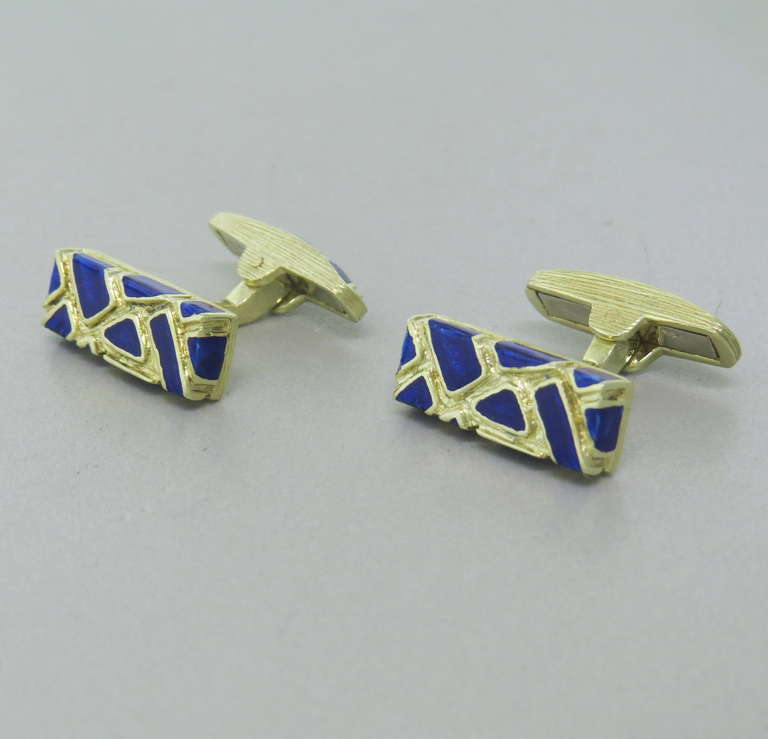 1970s 14k Gold and Blue Enamel Cufflinks.  Measurements 20mm x 7.3mm.  Weight 19.7 grams