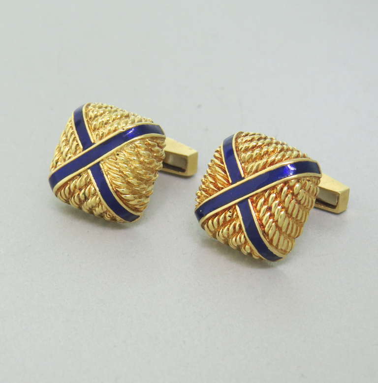 18k Yellow Gold Cufflinks with a blue enamel overlay.  Cufflinks are 17.7mm x 17.7mm and weigh 22.7 grams.