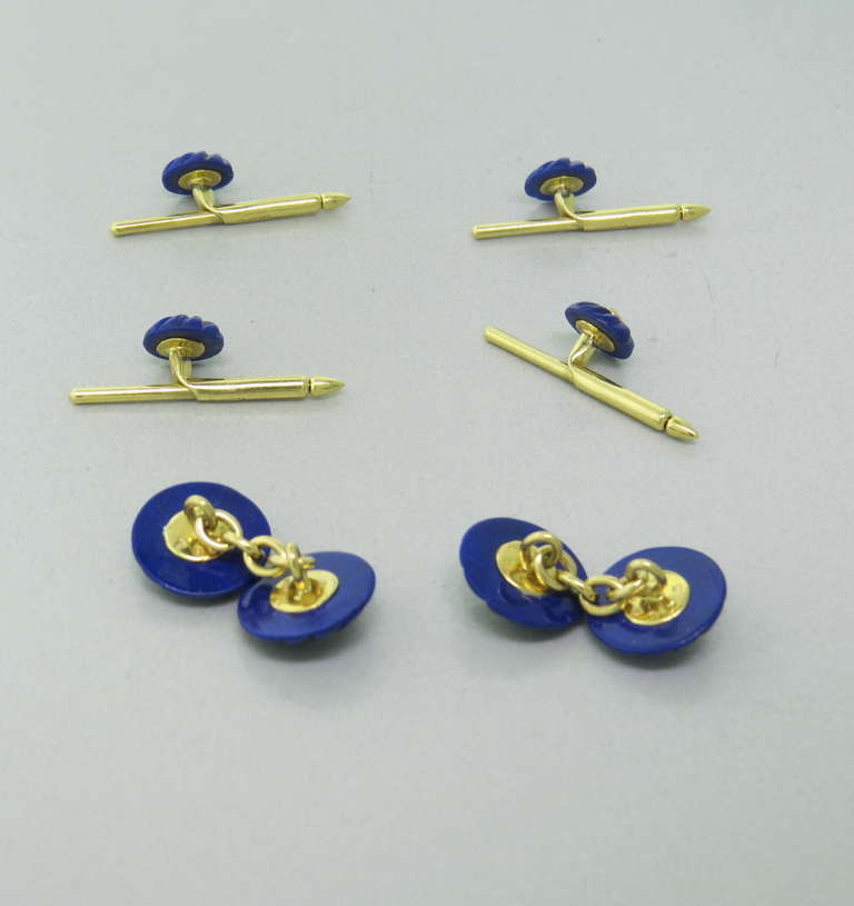 18k yellow gold carved lapis 0.16ctw diamond cufflinks and studs set.  Cufflinks measure 12.5mm in diameter and the studs are 8mm in diameter.  The weight of the set is 10.3 grams.