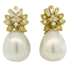 Classic South Sea Pearl Diamond Gold Drop Earrings